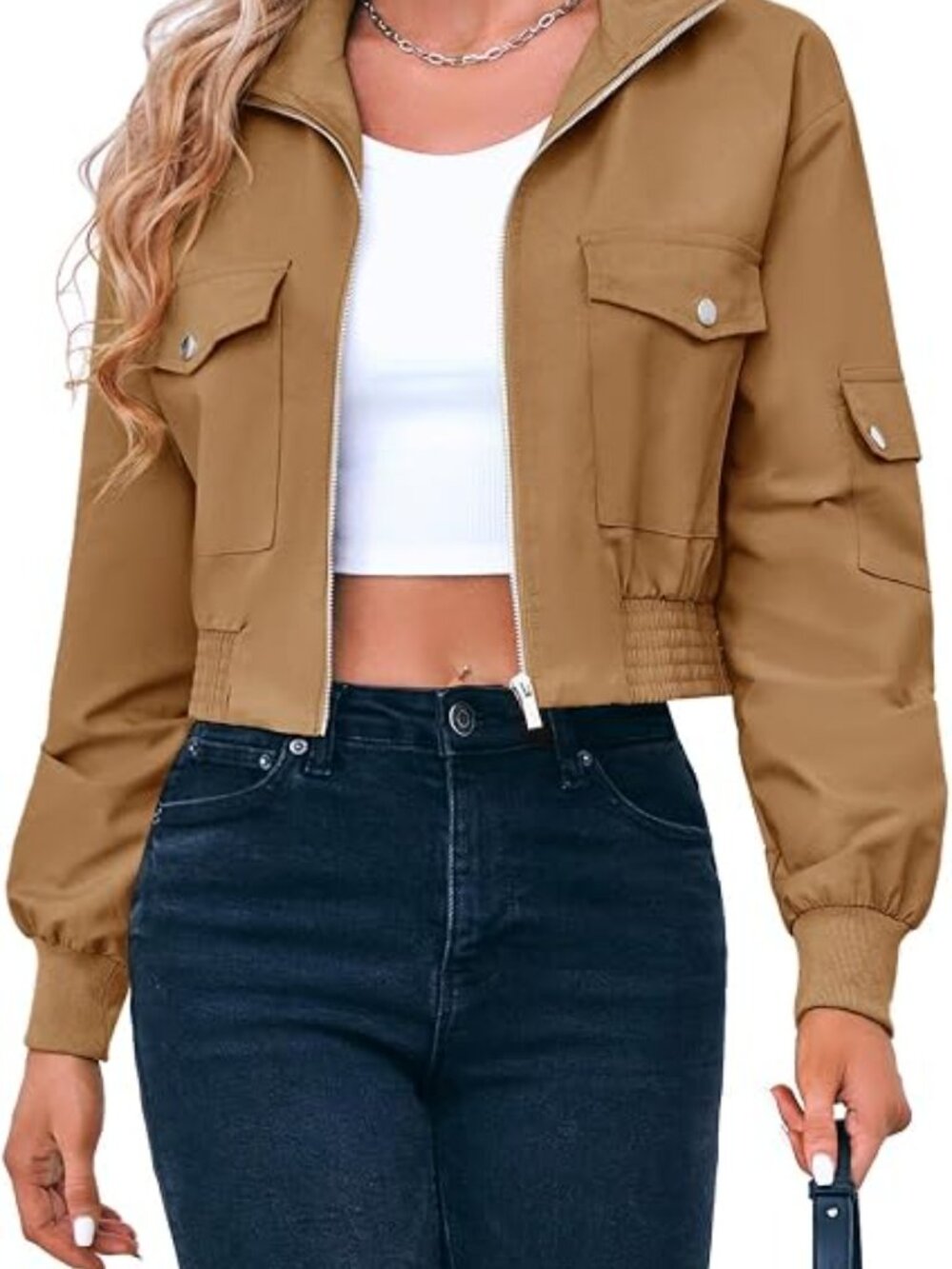 Women's Khaki Cropped Lightweight Zip Up Short Coat Long Sleeve Bomber Jacket